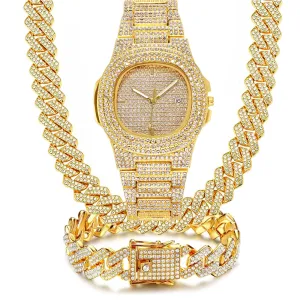 Luxury Iced Out Watch & Bling Jewelry Set