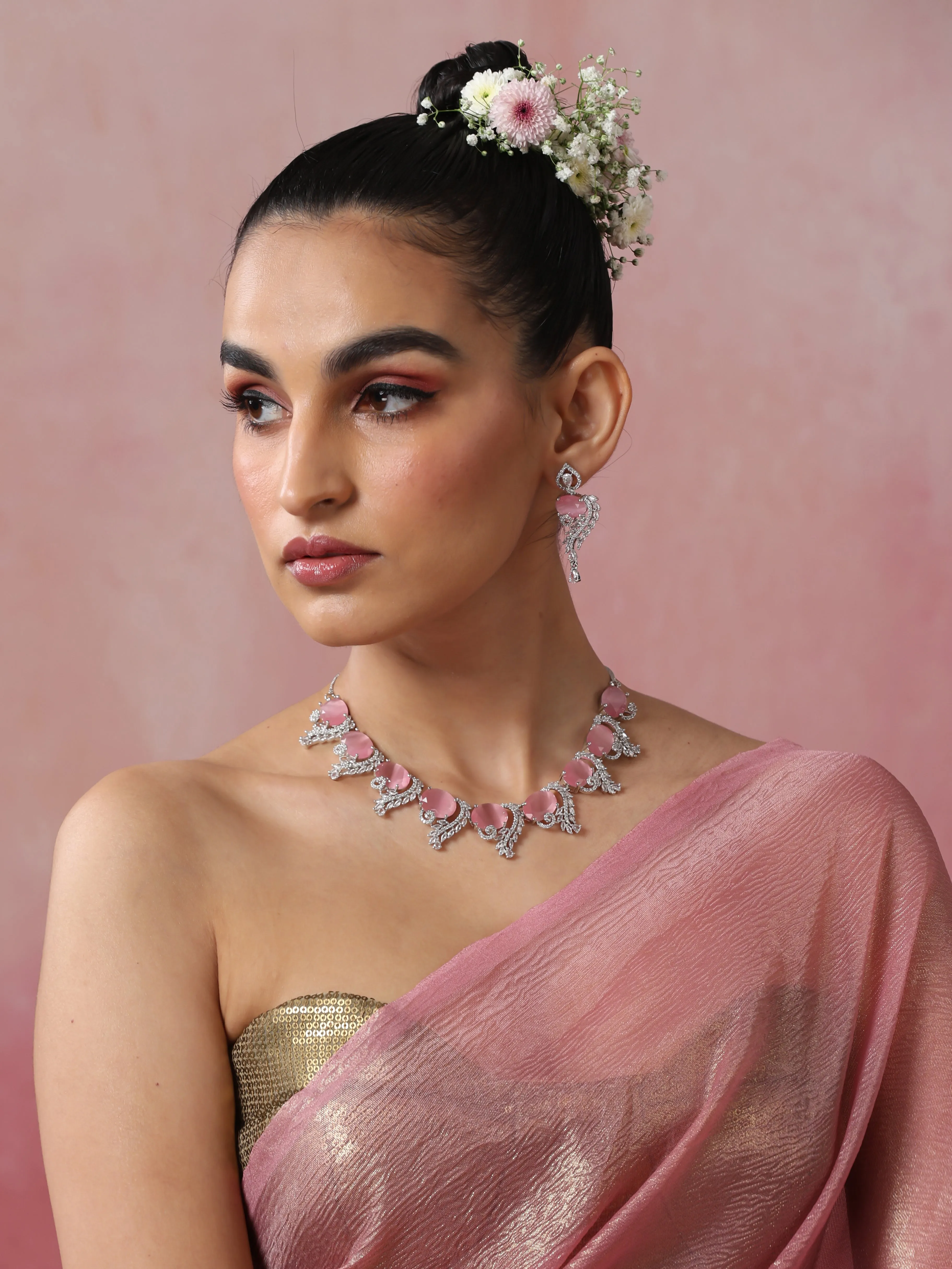 Luxury Pink Color American Diamond Premium Necklace & Earring Set