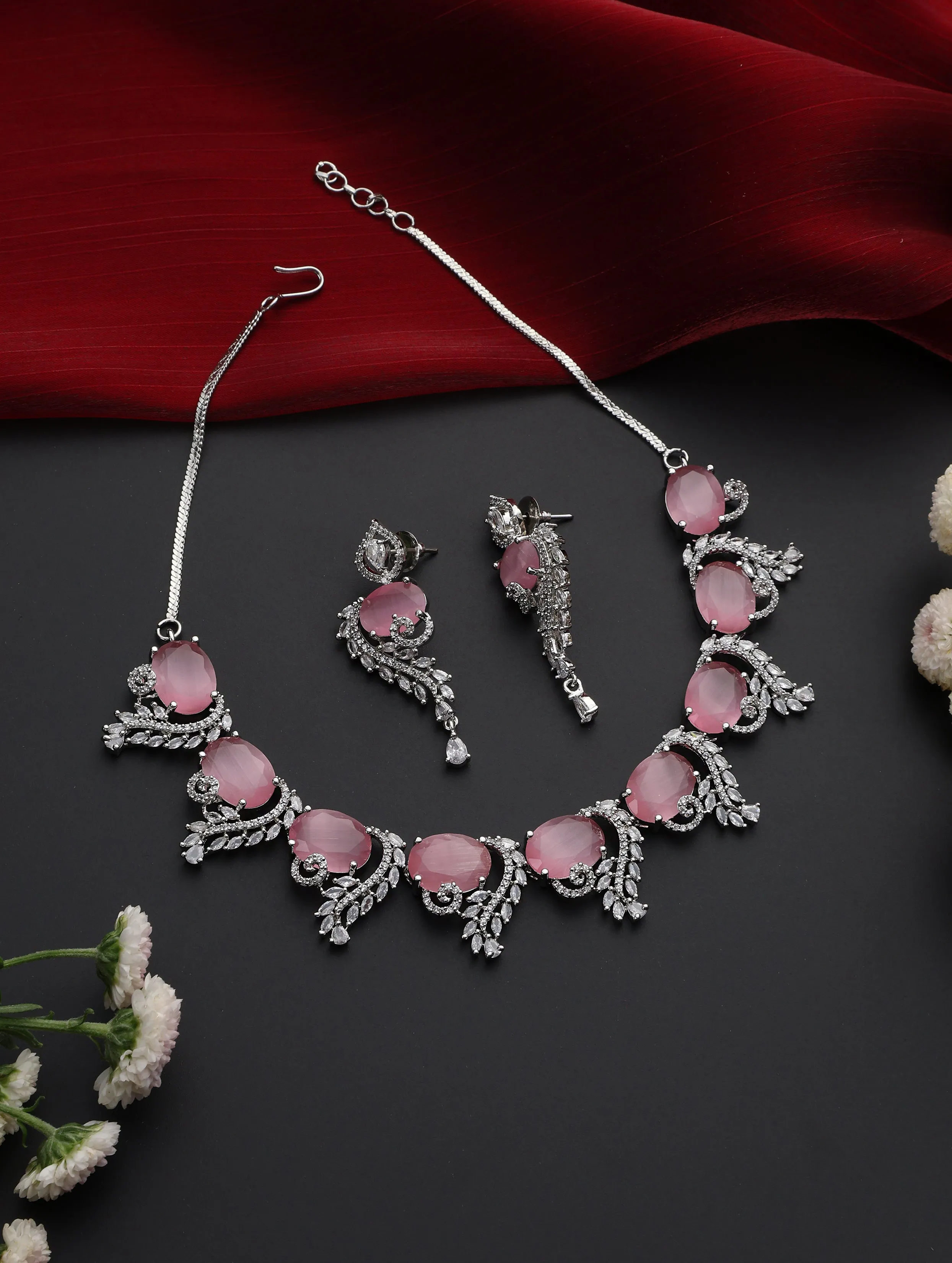 Luxury Pink Color American Diamond Premium Necklace & Earring Set