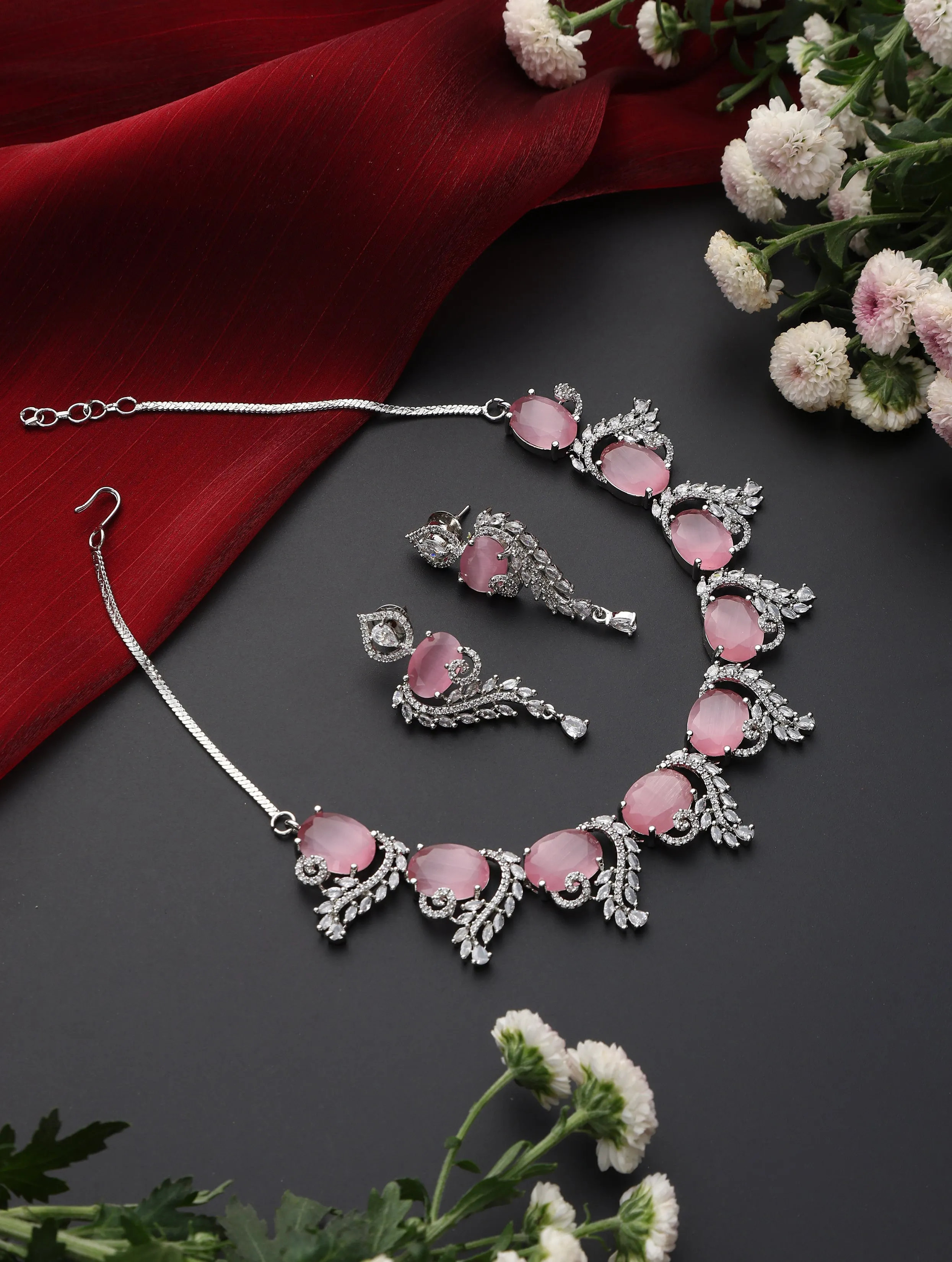 Luxury Pink Color American Diamond Premium Necklace & Earring Set