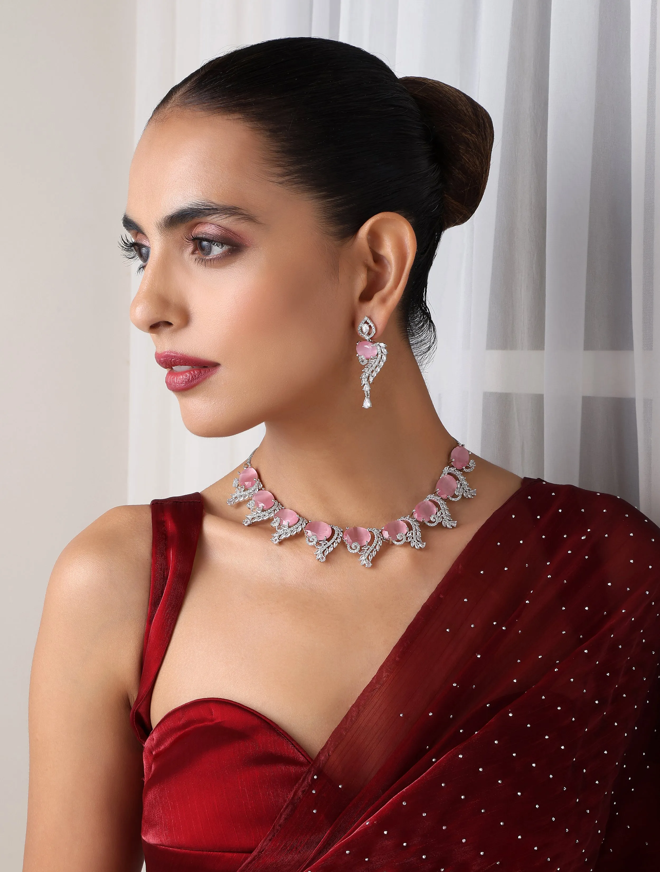 Luxury Pink Color American Diamond Premium Necklace & Earring Set