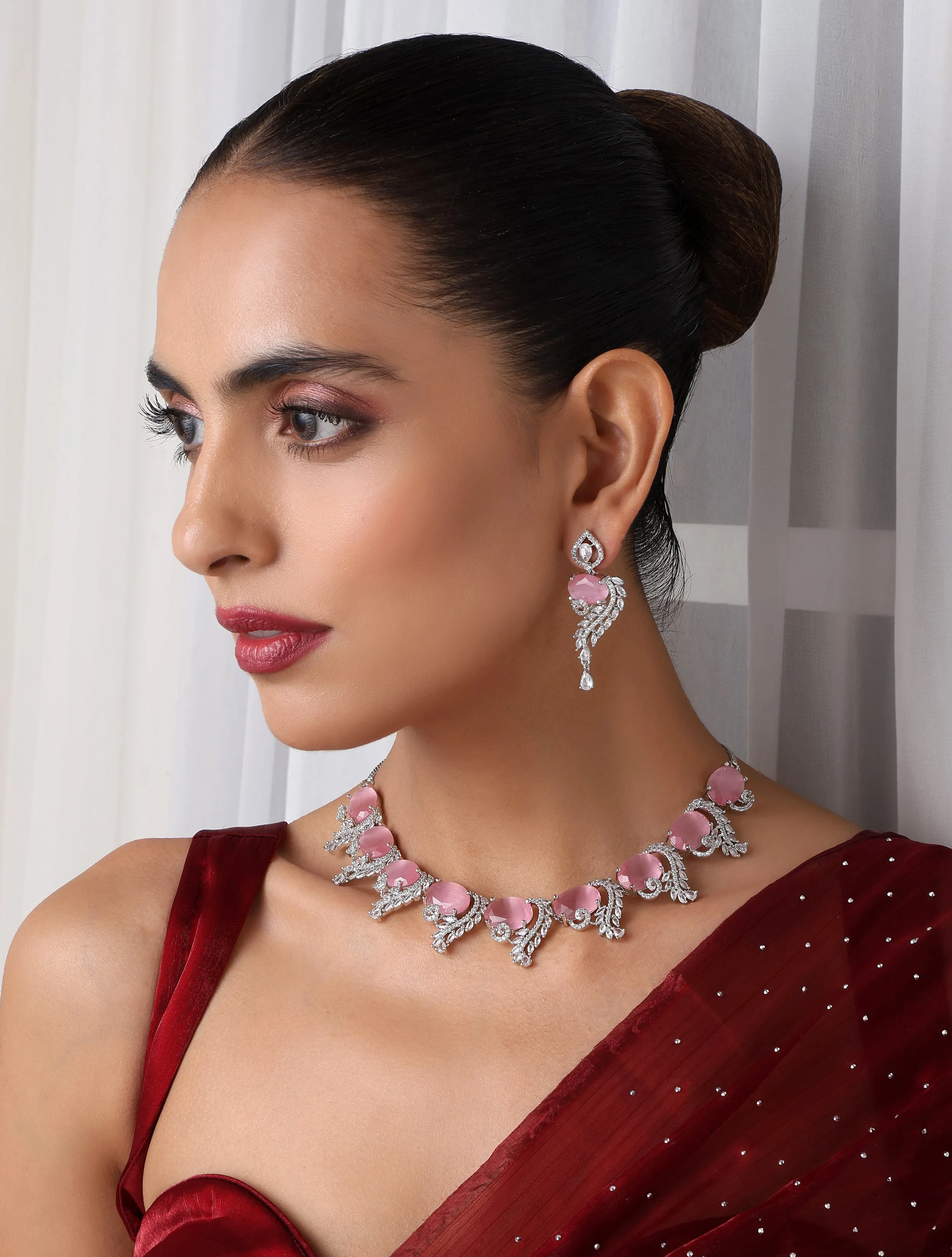 Luxury Pink Color American Diamond Premium Necklace & Earring Set