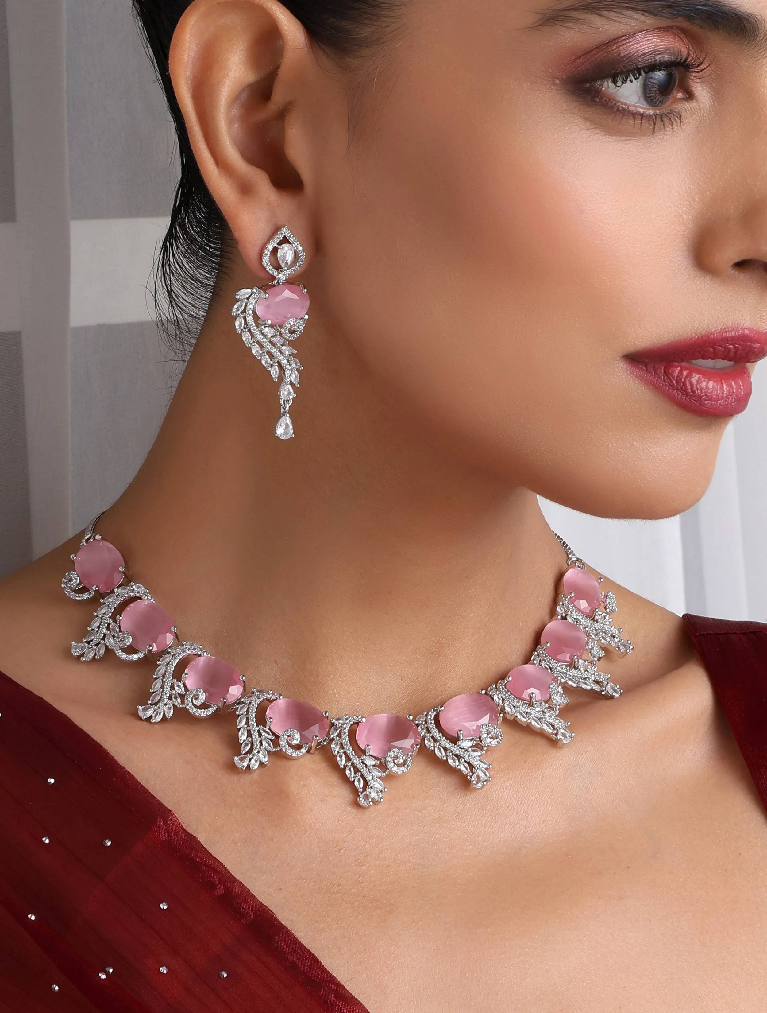 Luxury Pink Color American Diamond Premium Necklace & Earring Set