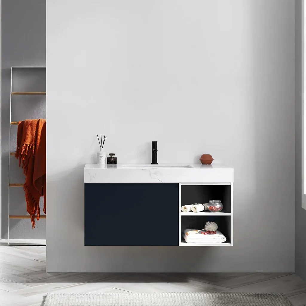 Manarola 1 Drawer And 2 Open Shelf Bathroom Vanity with Quartz Sink - Wall Mount - 42" Wood/Matt Black/White