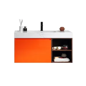 Manarola 1 Drawer And 2 Open Shelf Bathroom Vanity with Quartz Sink - Wall Mount - 42" Wood/Red Amber/Dark Walnut