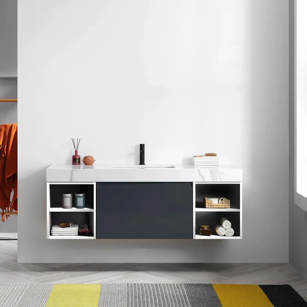 Manarola 1 Drawer And 4 Open Shelf Bathroom Vanity with Quartz Sink - Wall Mount - 60" Wood/Matt Black/White