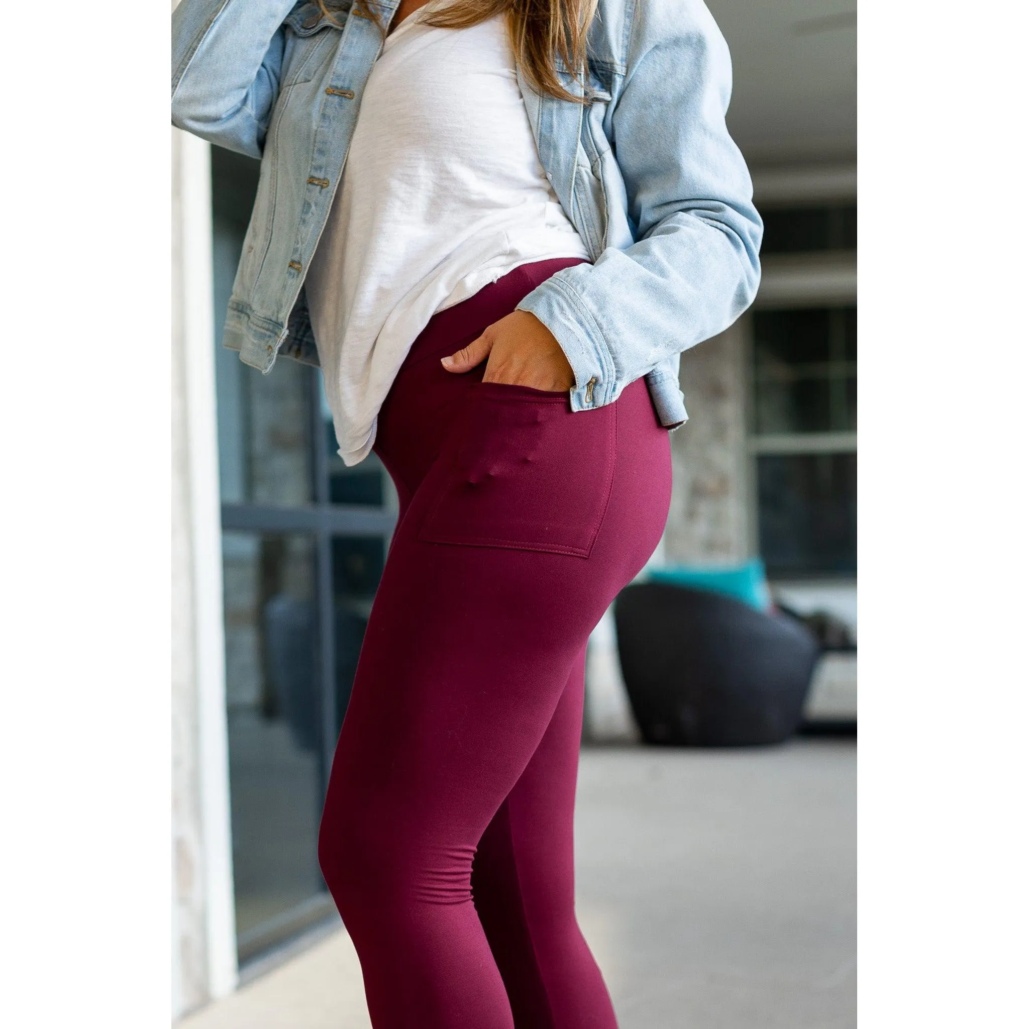 Maroon Full Length Leggings with Pocket