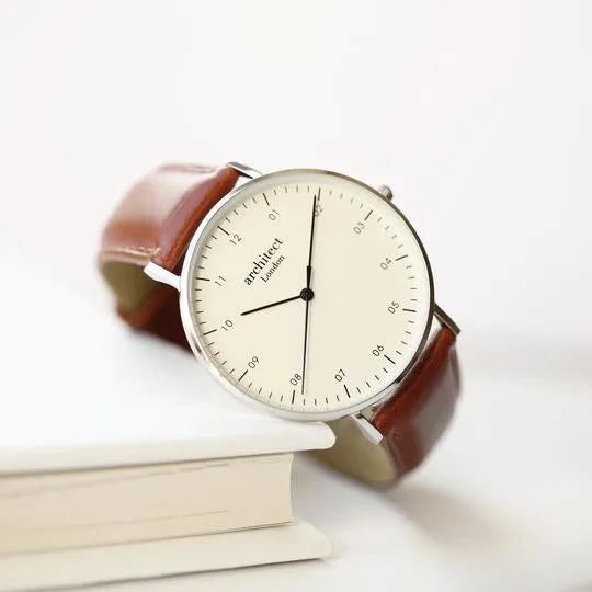 Men's Personalised Engraved Architect Zephyr and Walnut strap Watch
