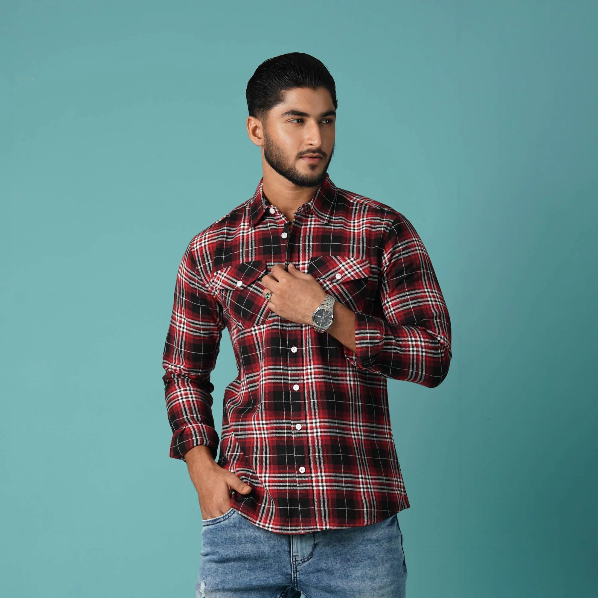 Mens Red Black Check Shirt