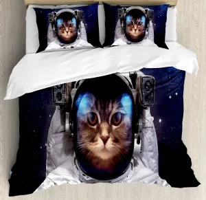 Milky Way Galaxy Space Traveller Cat in Suit with Stars Backdrop Duvet Cover Set! Fits Full/Queen! Retails $250 w/tax!