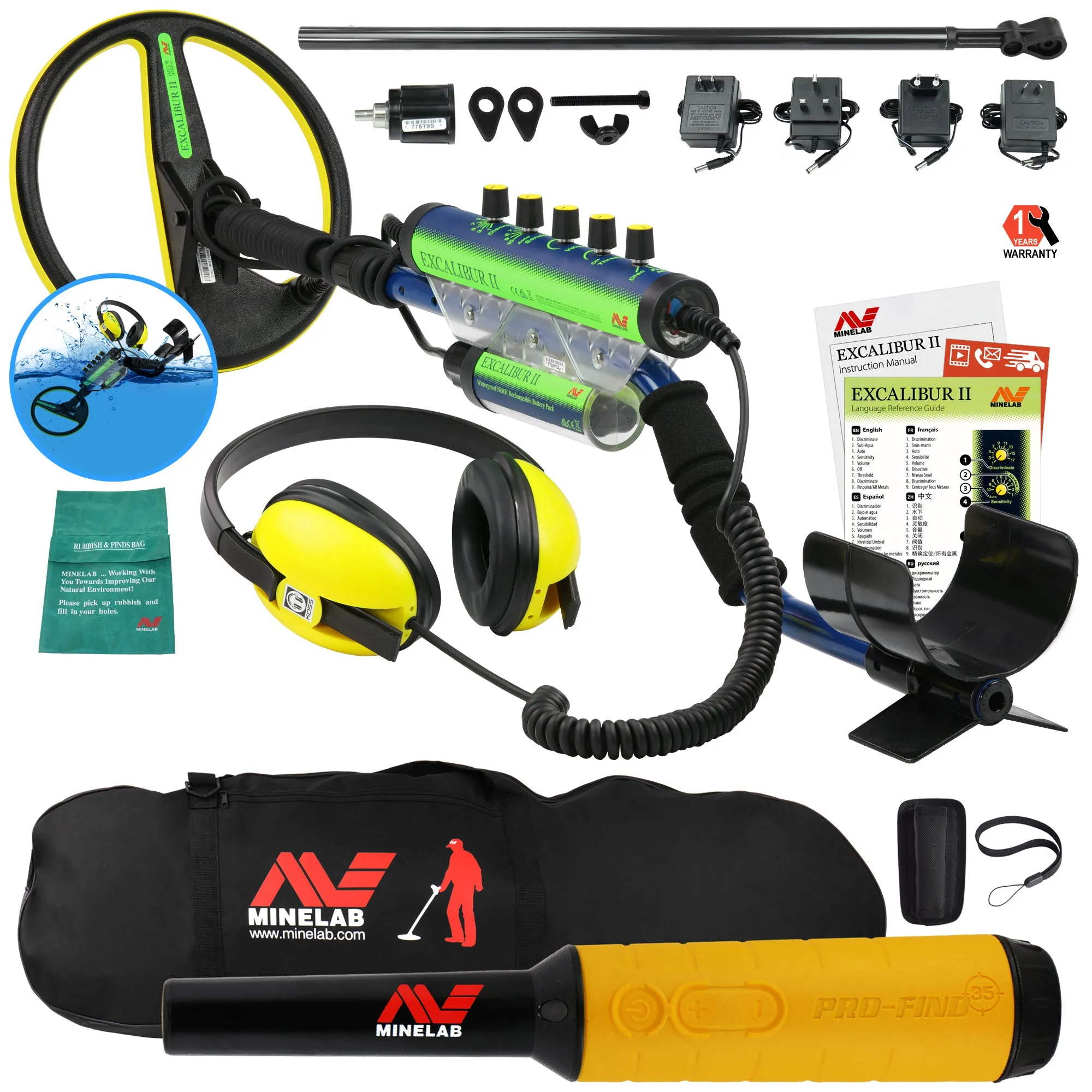 Minelab Excalibur II 1000 Waterproof Detector w/ Pro Find 35 & Carry Bag