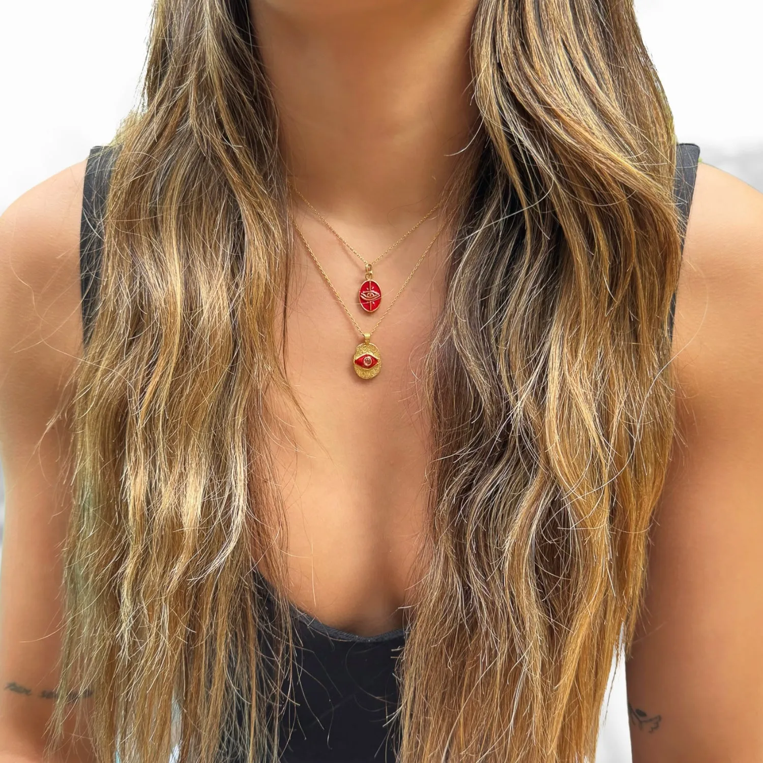 Minimalist Red Enamel Evil Eye Pendant Gold Chain Necklace