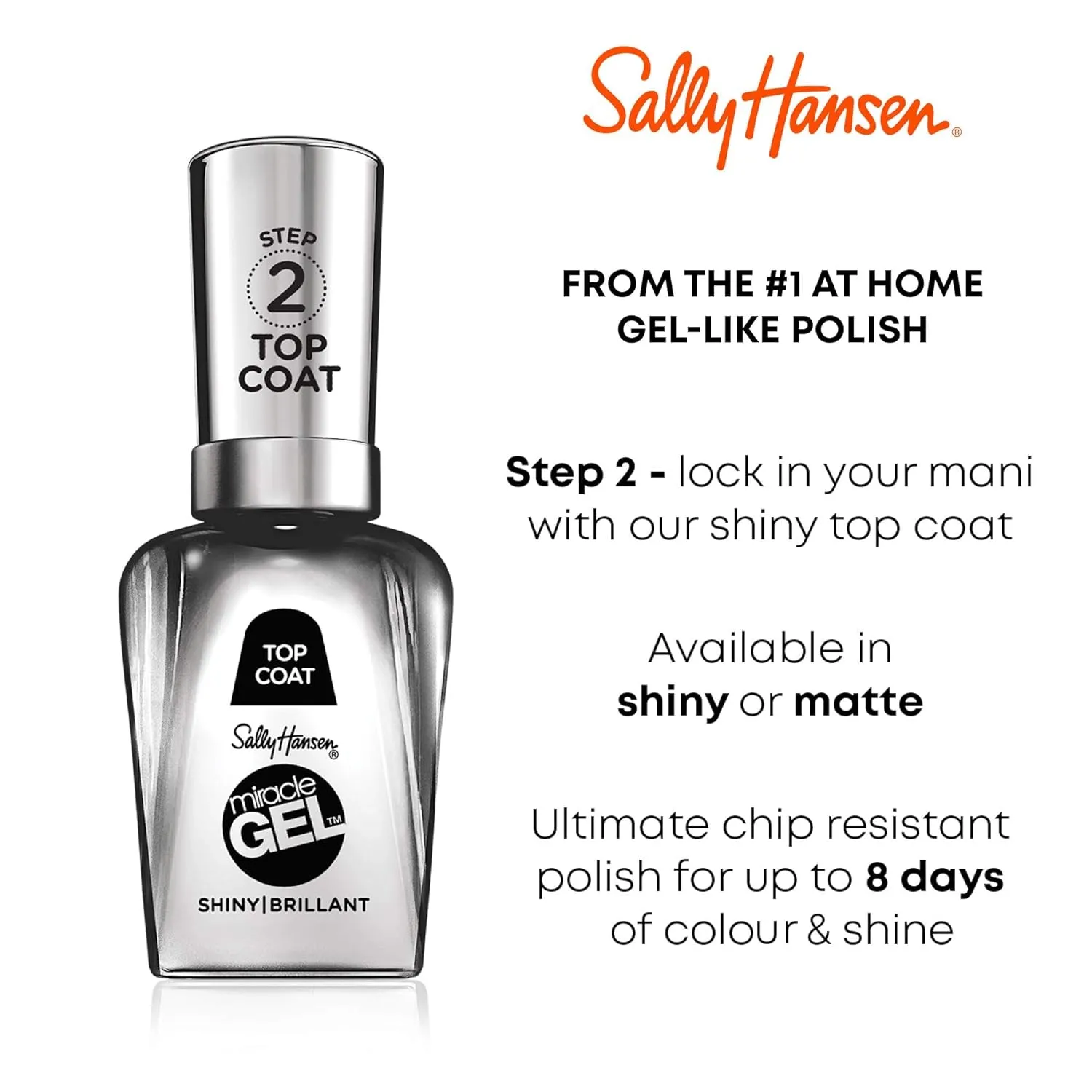 Miracle Gel™, Shiny Top Coat, Long Lasting, Gel-Like Formula, No UV Lamp Needed, Clear Nail Polish