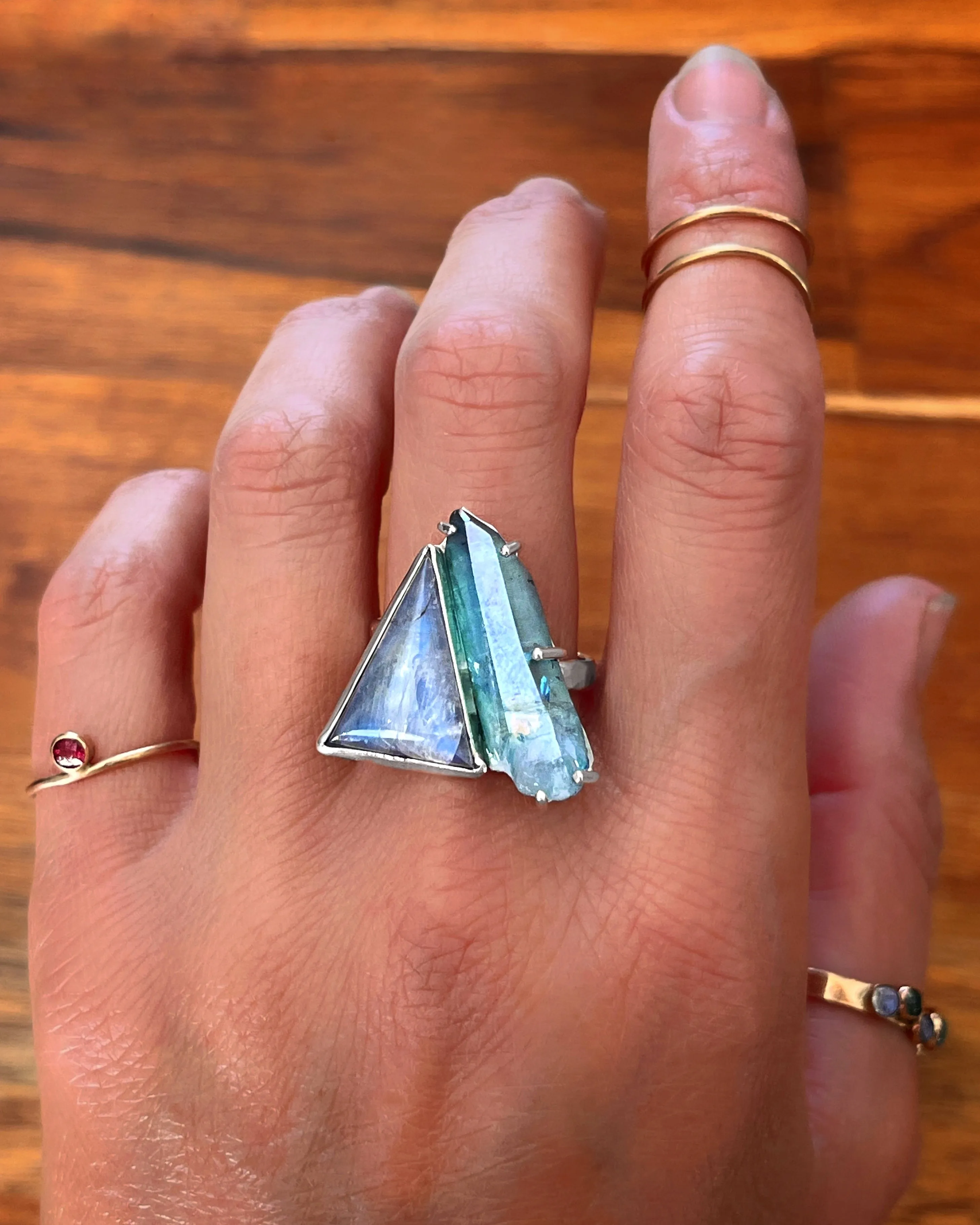 Moonstone & aqua aura quartz ring in silver (sizes 7 to 9-3/4)