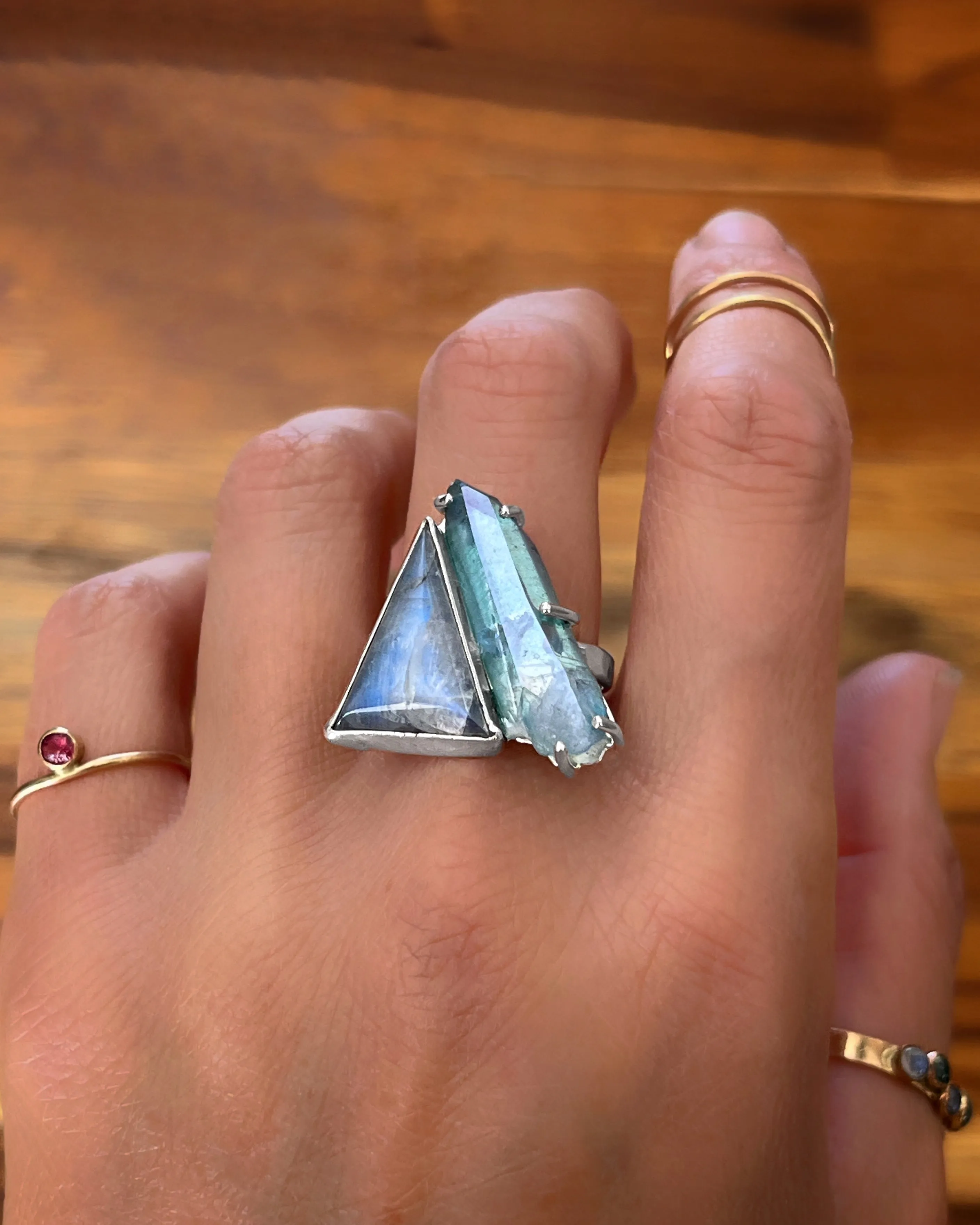 Moonstone & aqua aura quartz ring in silver (sizes 7 to 9-3/4)