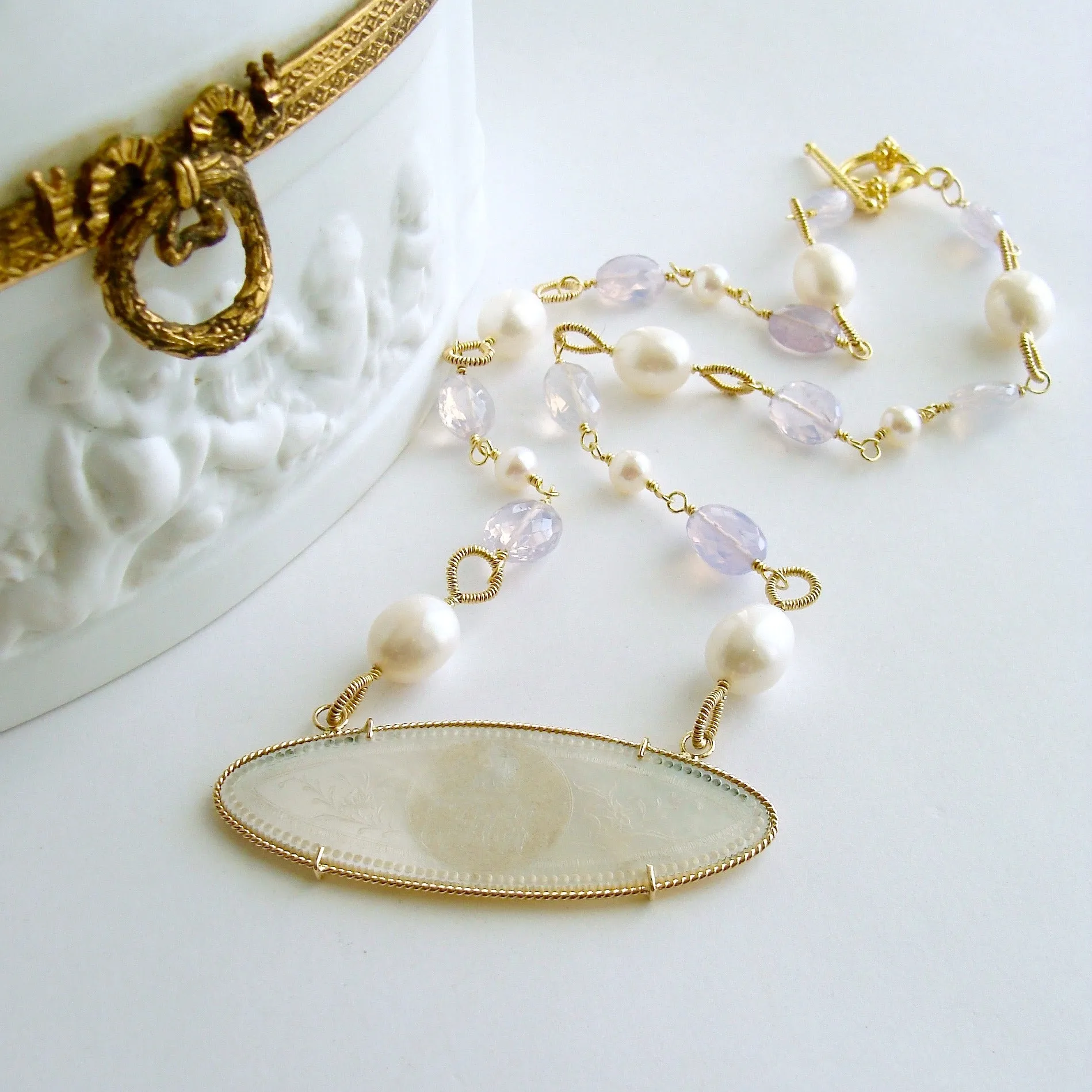 MOP Lion Head Armorial Monogram Gaming Counter Necklace Lavender Moon Quartz - La Finesse Armorial Monogram Necklace