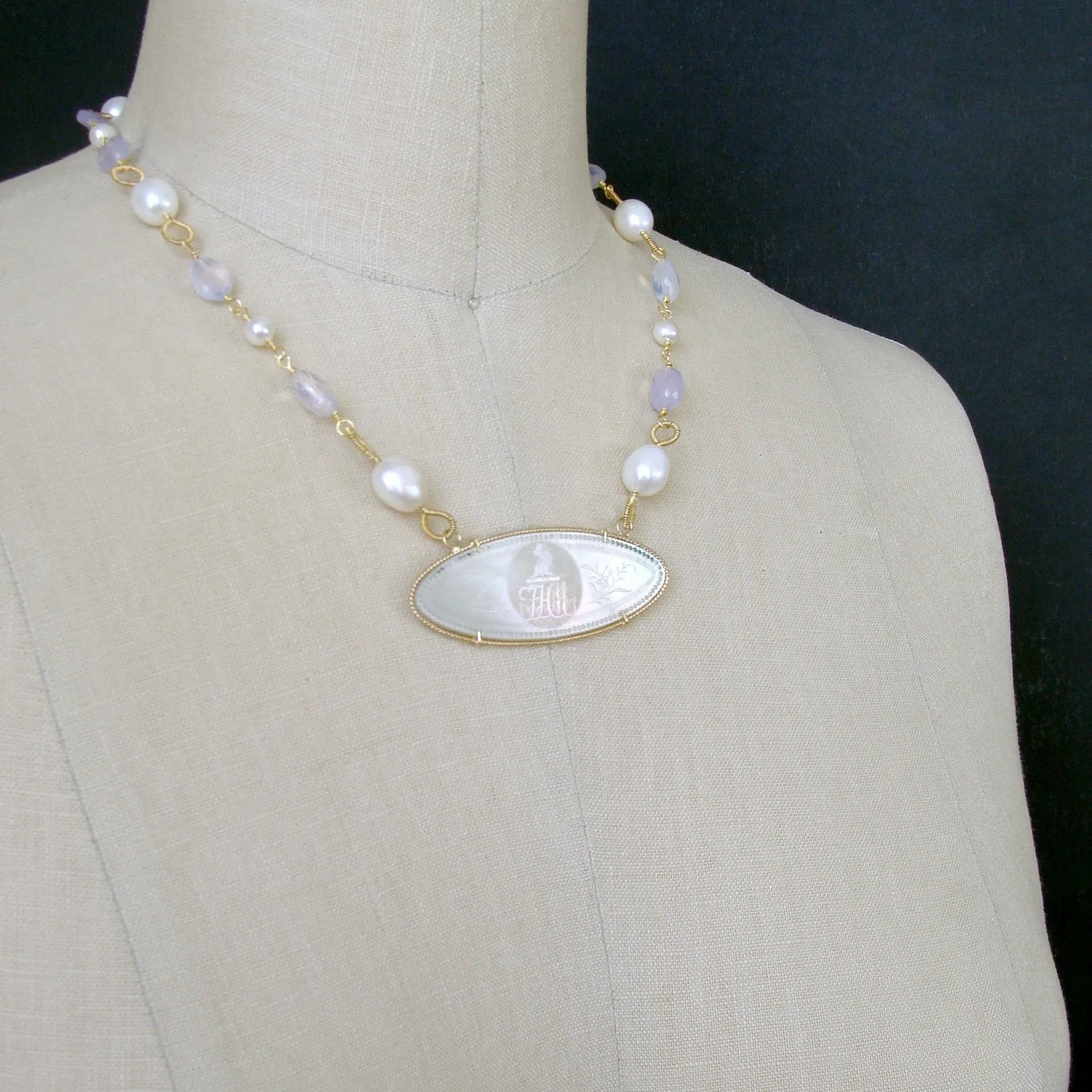 MOP Lion Head Armorial Monogram Gaming Counter Necklace Lavender Moon Quartz - La Finesse Armorial Monogram Necklace
