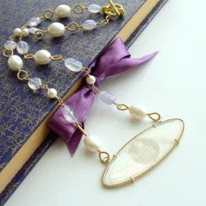 MOP Lion Head Armorial Monogram Gaming Counter Necklace Lavender Moon Quartz - La Finesse Armorial Monogram Necklace