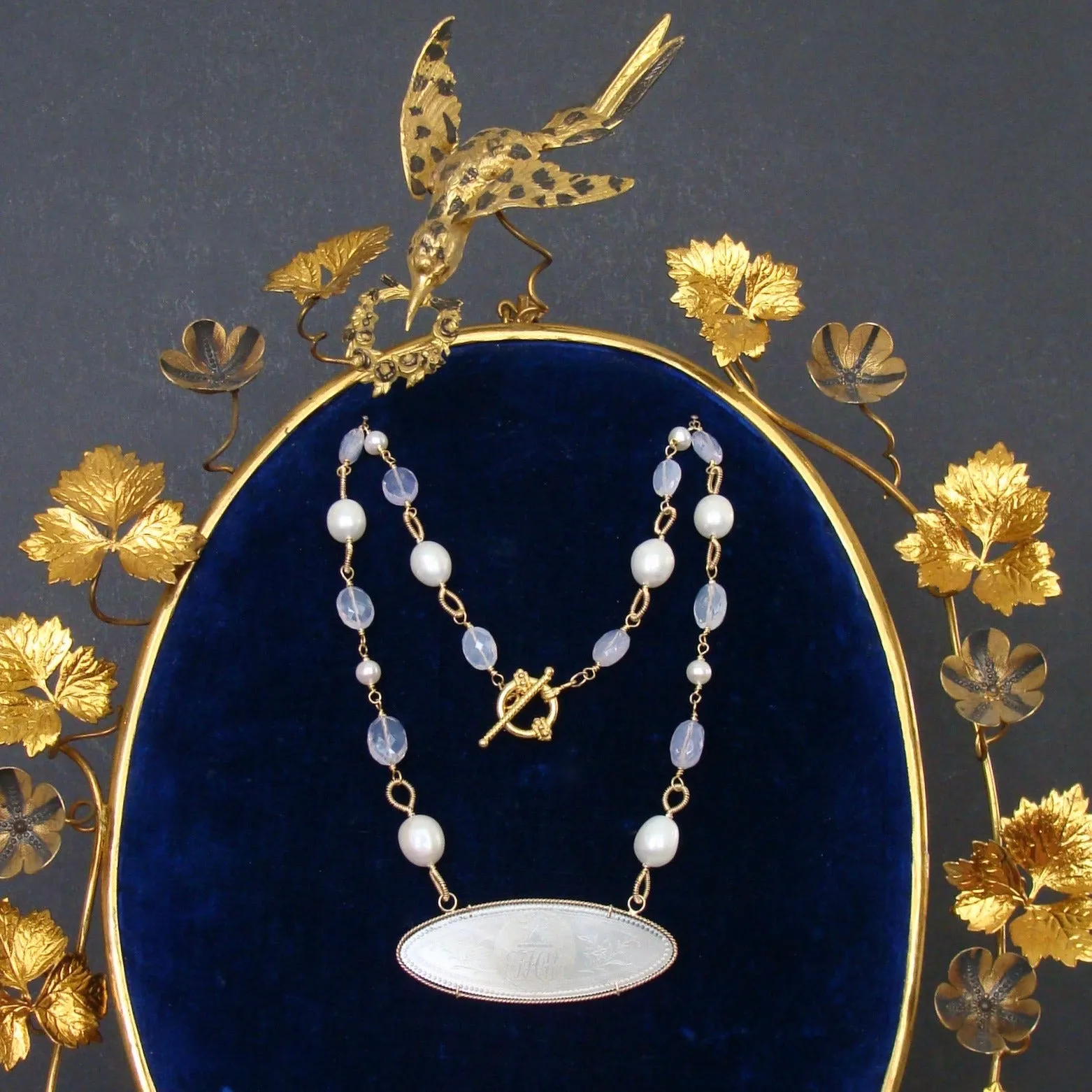 MOP Lion Head Armorial Monogram Gaming Counter Necklace Lavender Moon Quartz - La Finesse Armorial Monogram Necklace