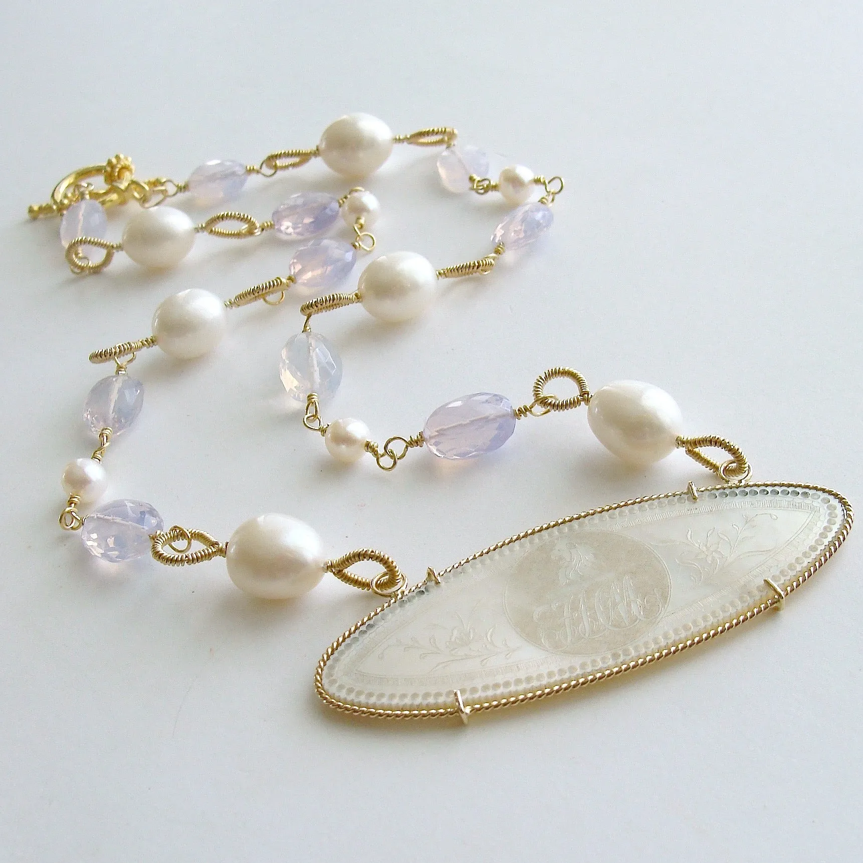 MOP Lion Head Armorial Monogram Gaming Counter Necklace Lavender Moon Quartz - La Finesse Armorial Monogram Necklace