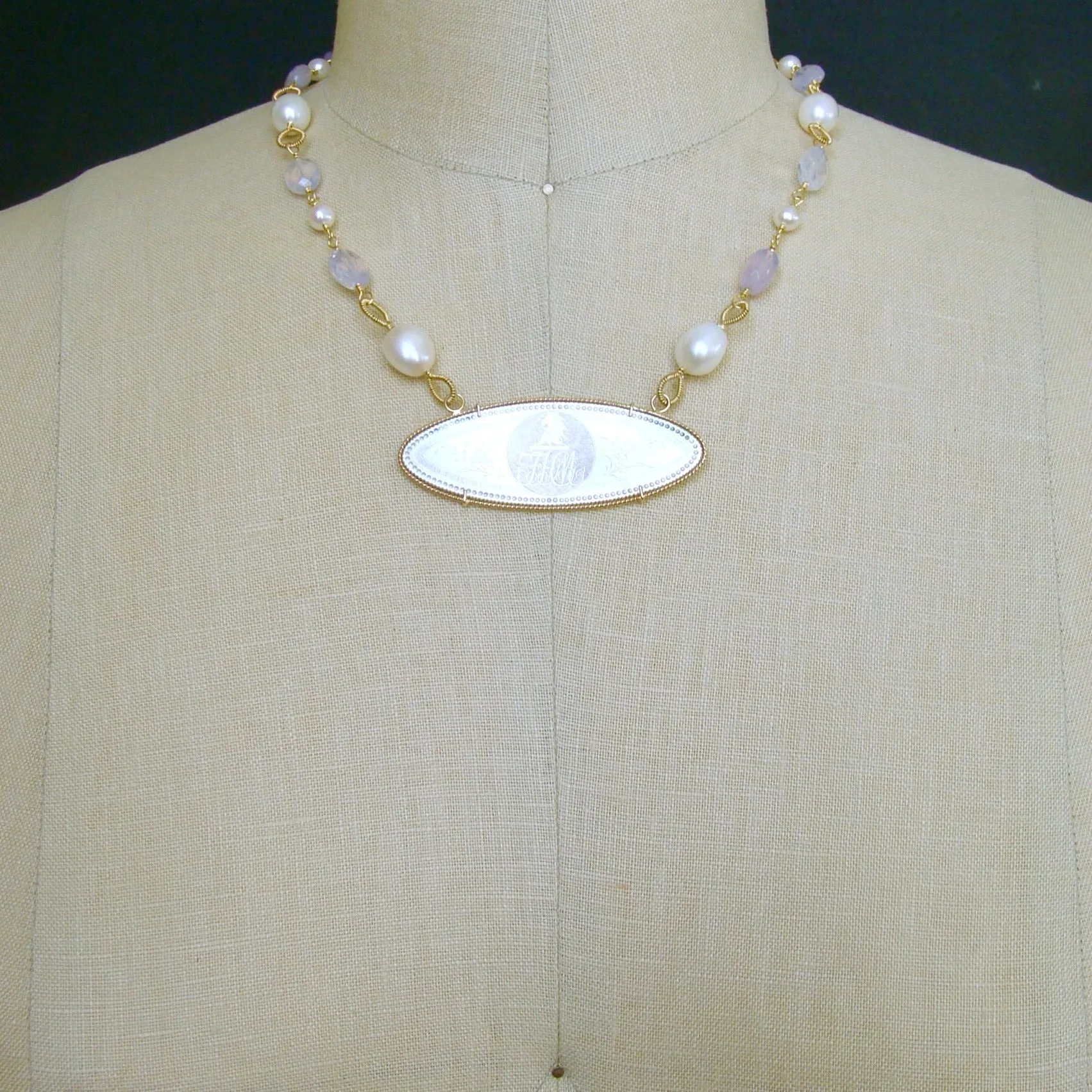 MOP Lion Head Armorial Monogram Gaming Counter Necklace Lavender Moon Quartz - La Finesse Armorial Monogram Necklace