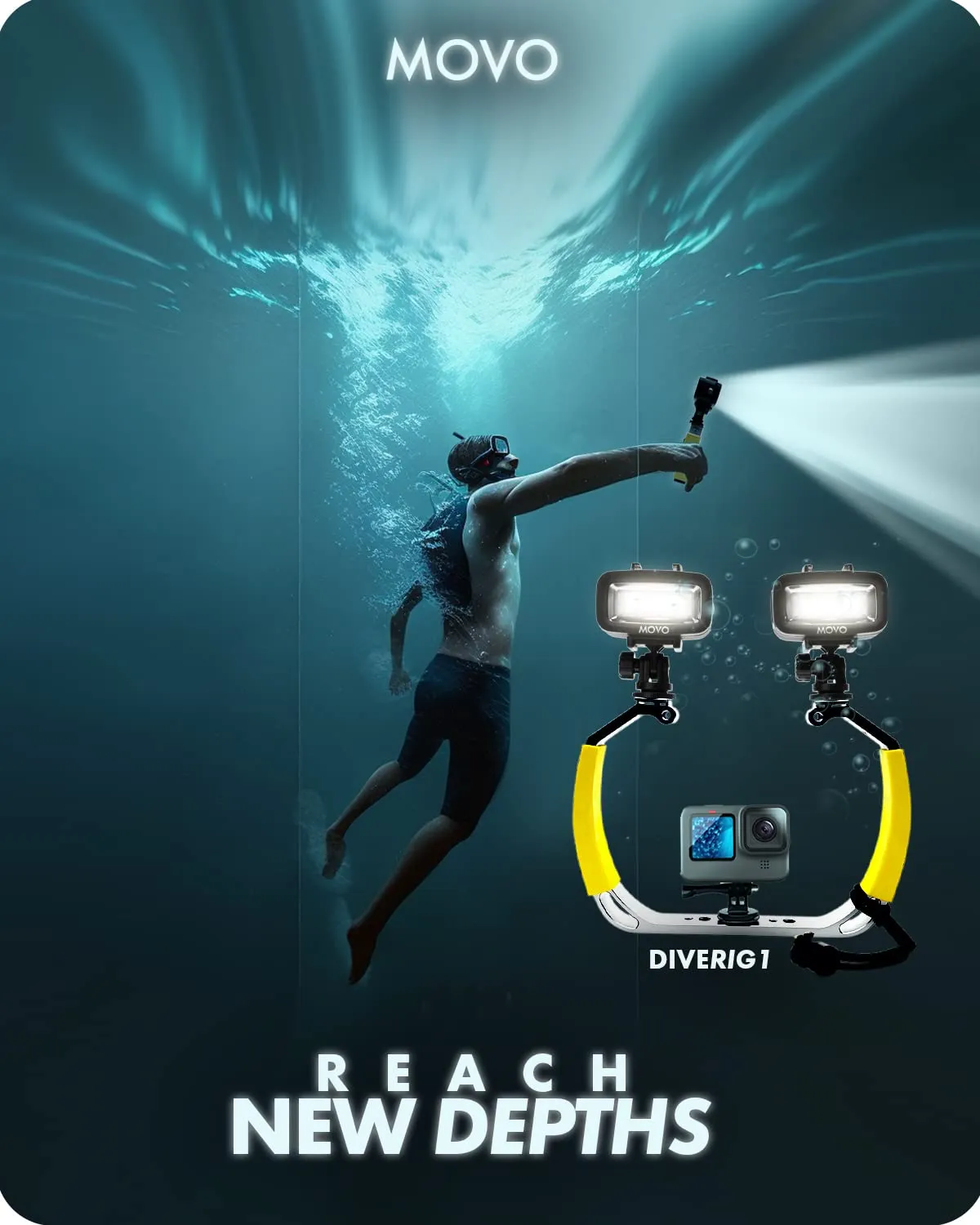Movo DiveRig1 XL Diving Rig Bundle with Waterproof LED Lights - Compatible with GoPro Hero, HERO5, HERO6, HERO7, HERO8, HERO9, HERO10 and DJI Osmo Action Cam - Scuba Accessories for Underwater Camera