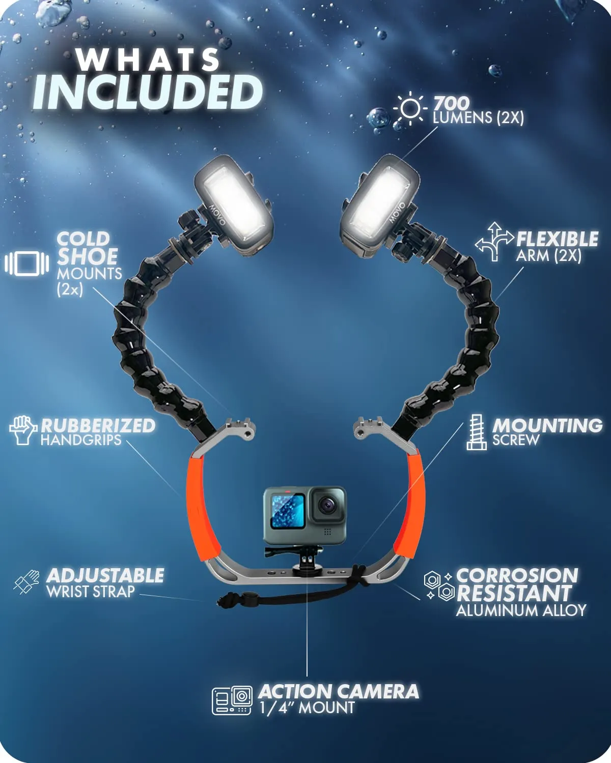 Movo DiveRig5 Underwater Video/Photo Diving Rig for Scuba and Snorkeling - Action Camera Cage Dive Rig, Waterproof Lights with Flexible Arm Mounts- Compatible with GoPro, DJI Osmo, Insta360 and More