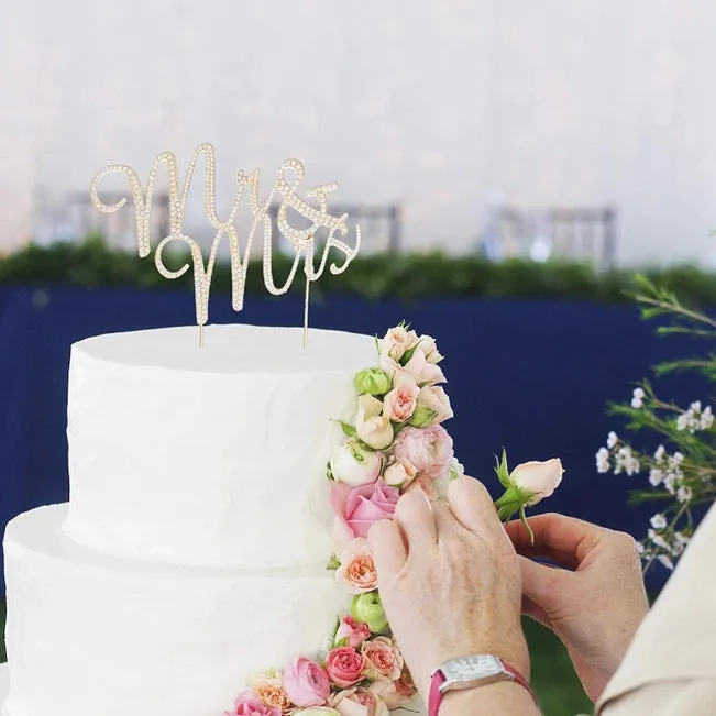 Mr & Mrs Cursive Gold Crystal Cake Topper