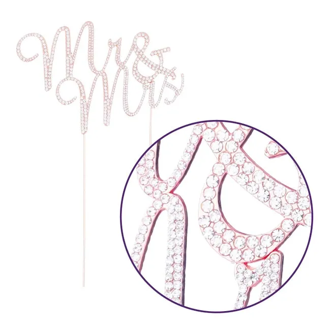 Mr & Mrs Cursive Rose Gold Crystal Cake Topper
