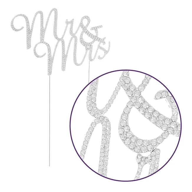 Mr & Mrs Cursive Silver Crystal Cake Topper