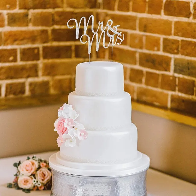 Mr & Mrs Cursive Silver Crystal Cake Topper