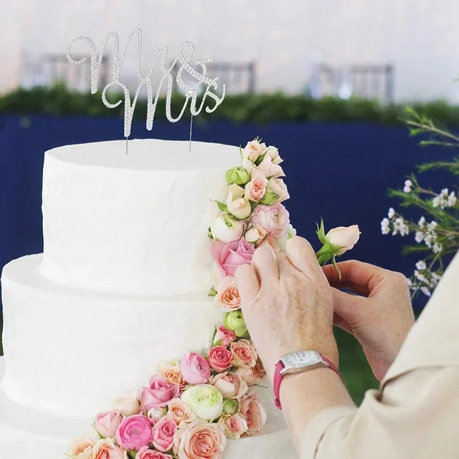 Mr & Mrs Cursive Silver Crystal Cake Topper
