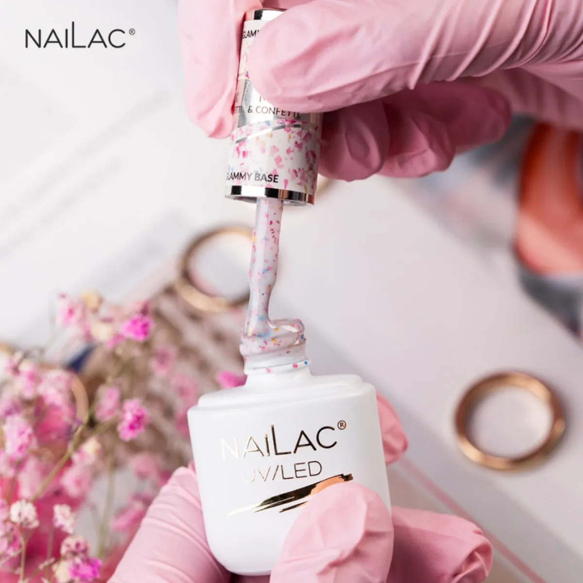 NaiLac Hybrid UV/LED Glammy Rubber Base Milk & Confetti
