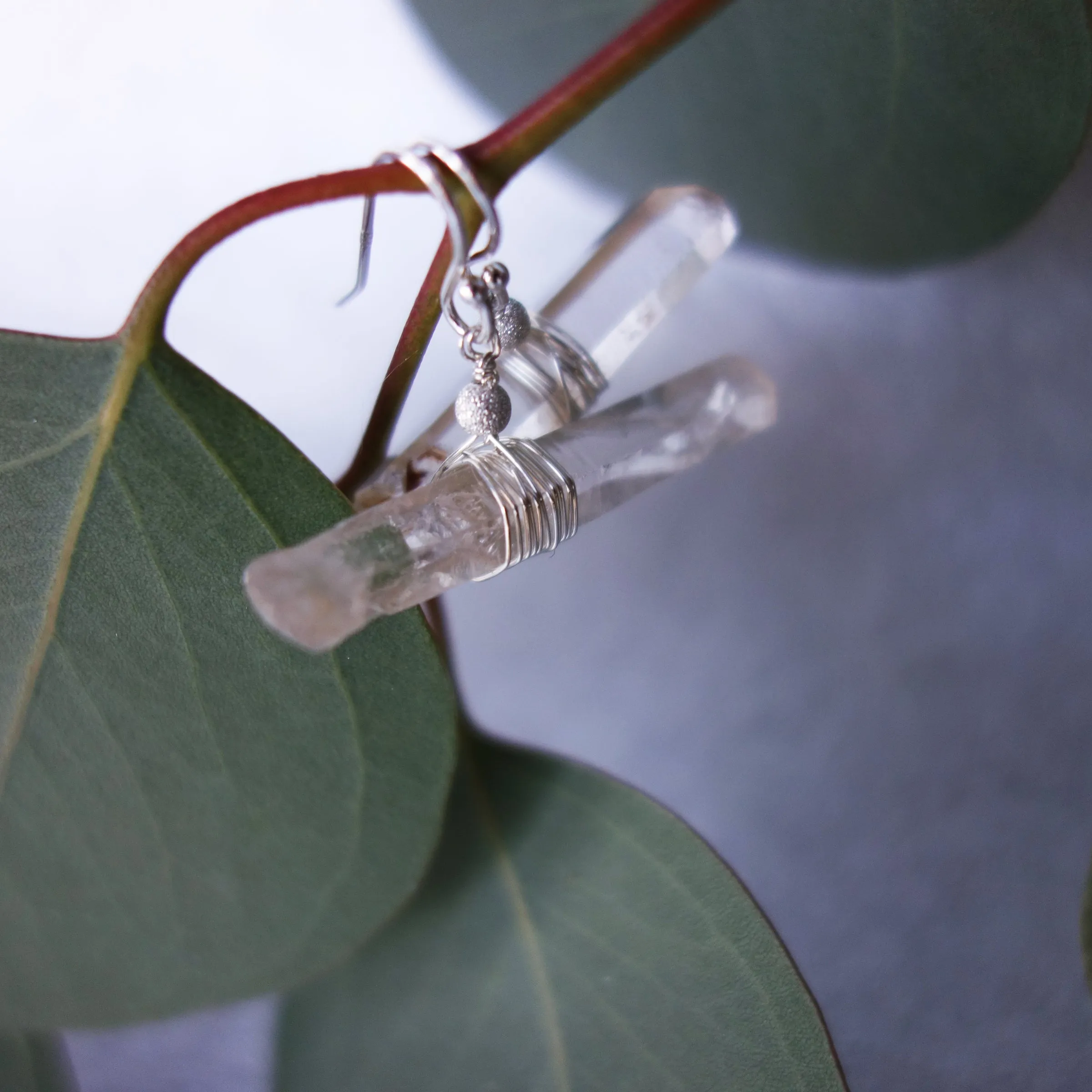 Natural Clear Quartz in wrapped Silver or Gold earring