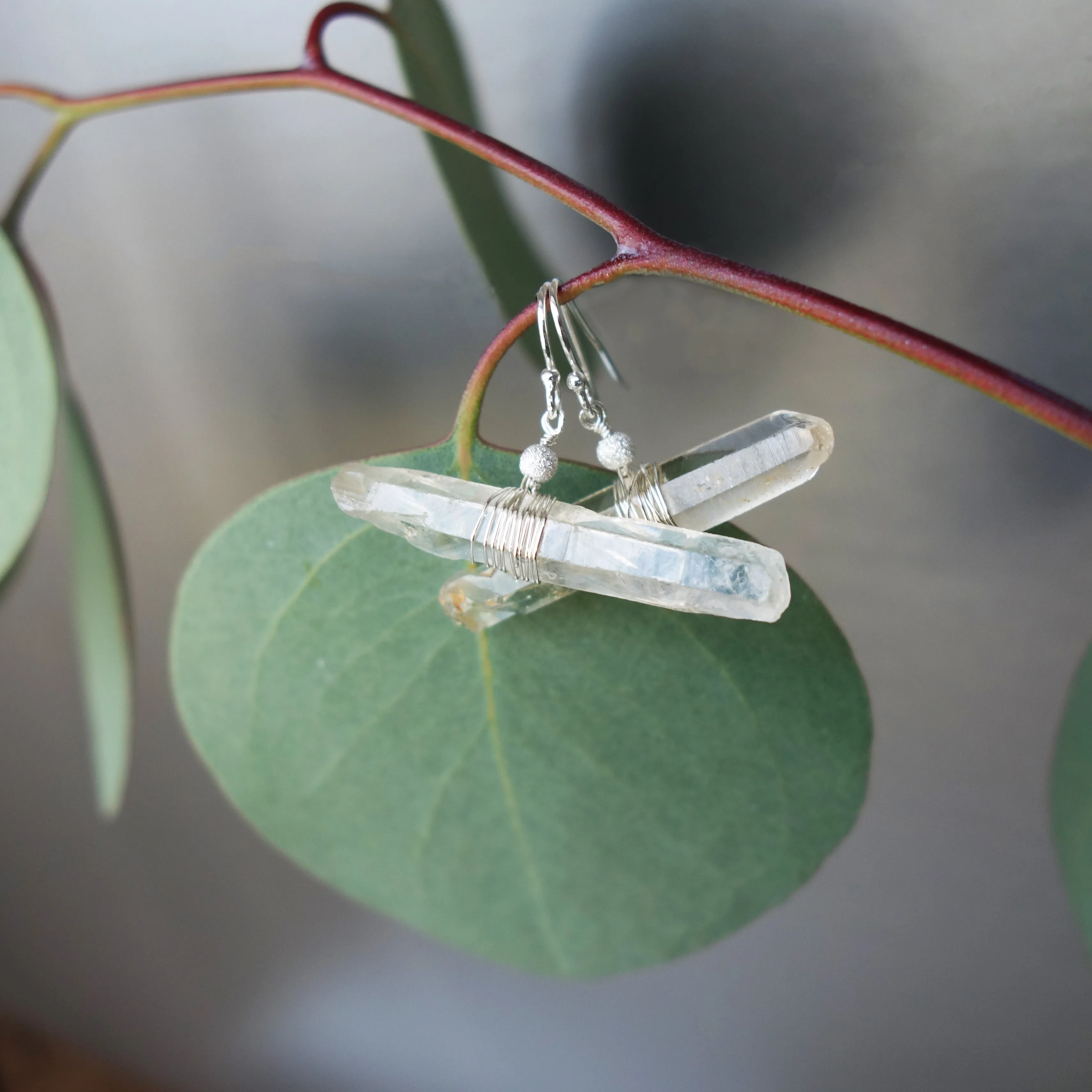 Natural Clear Quartz in wrapped Silver or Gold earring