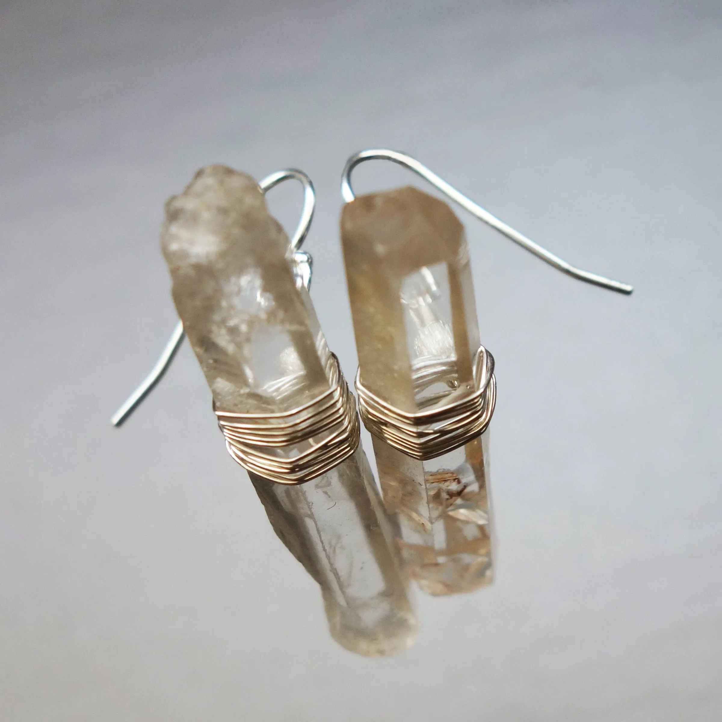 Natural Clear Quartz in wrapped Silver or Gold earring