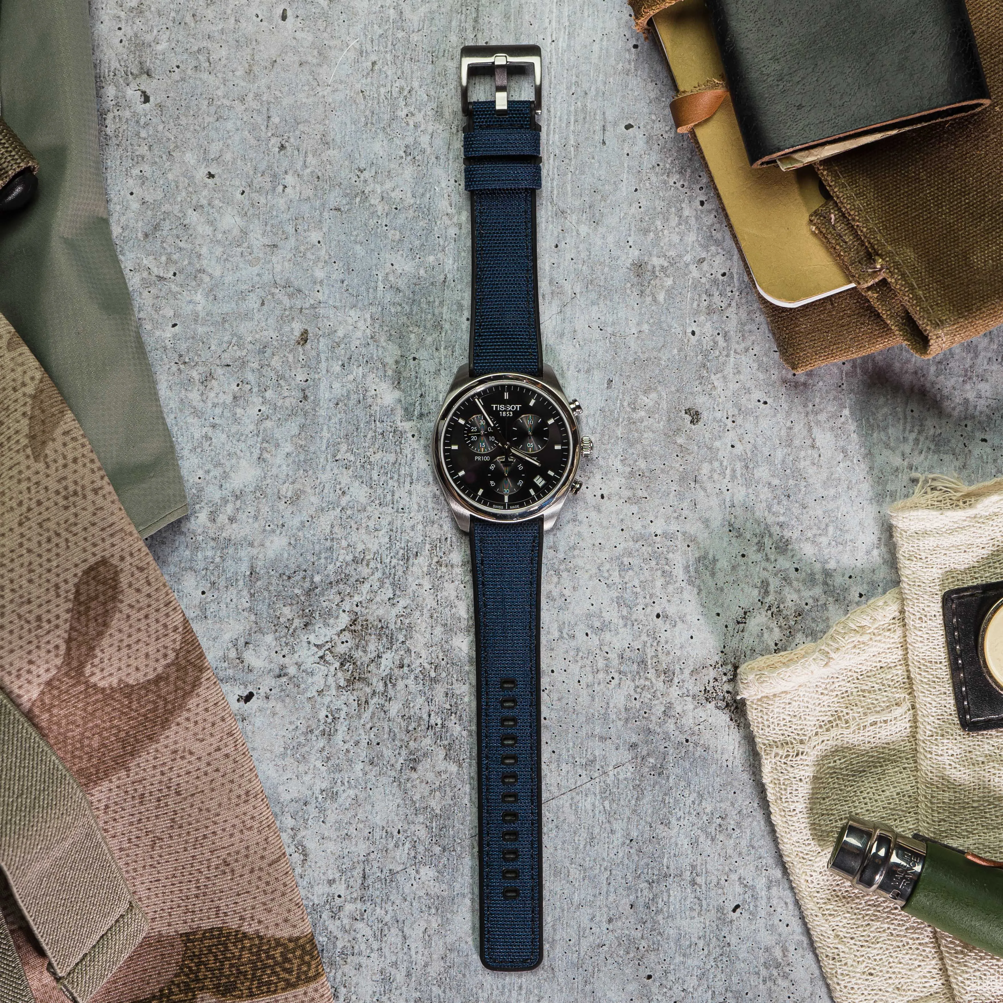 Navy Blue Cordura Fabric And Silicone Hybrid Watch Band (19mm, 23mm, 24mm SALE)