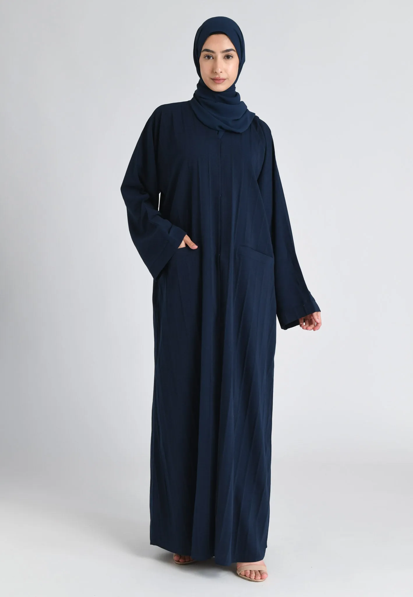 Navy Open Abaya With Front Pockets (Premium)