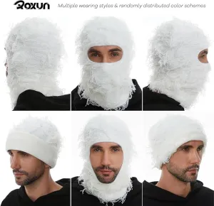 New Distressed Balaclava Ski Mask, Knitted Face Mask for Men/Women, White, One Size