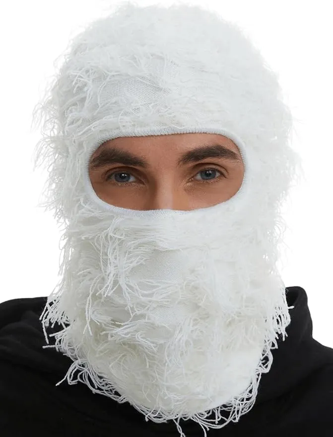 New Distressed Balaclava Ski Mask, Knitted Face Mask for Men/Women, White, One Size