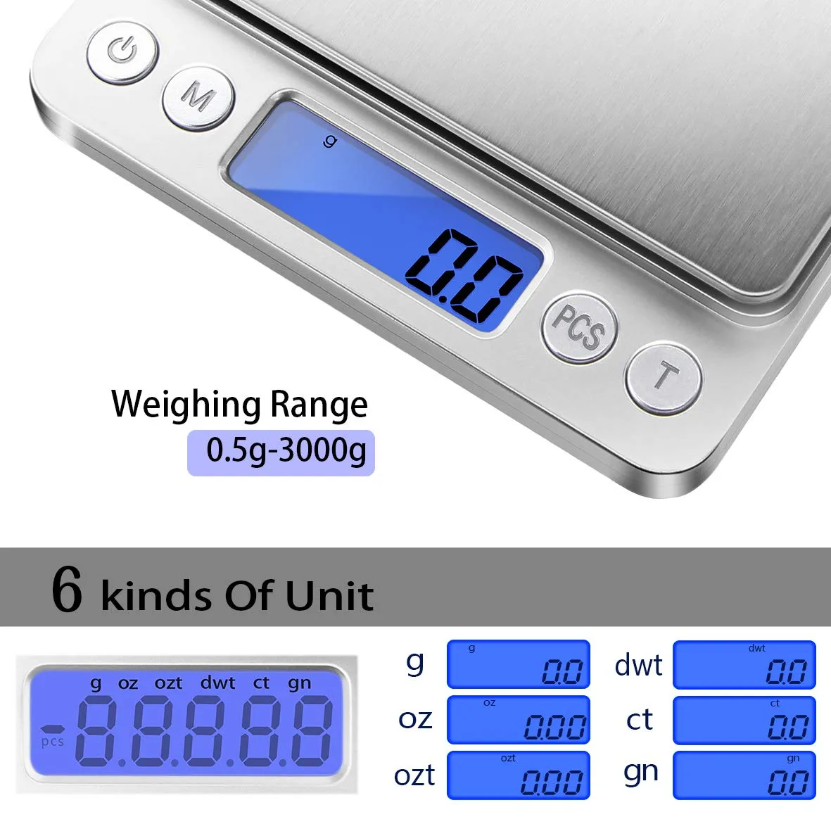 New Fuzion Digital Kitchen Scale 3000g/ 0.1g, Pocket Food Scale 6 Units Conversion, Gram Scale with 2 Trays, LCD Display, Tare Function, Small Scale for Herb, Powder, Cooking, Nutritions(Battery Included)