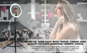 New in box! Belifu 10" Selfie Ring Light with Adjustable Tripod Stand, 3 Modes 10 Brightness Levels, LED Ring Light with Phone Holder for Vlogs, Live Stream, Phone,YouTube,Self-Portrait Shooting