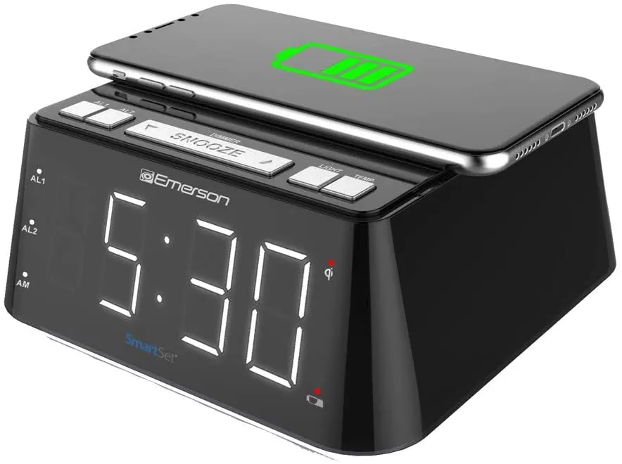 New in box! Emerson Radio ER100104 Wireless Charging Alarm Clock with Temperature Detector, Night Light, USB Charging and 1.2” White LED Display! Real Smart, Real Life!