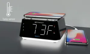 New in box! Emerson Radio ER100104 Wireless Charging Alarm Clock with Temperature Detector, Night Light, USB Charging and 1.2” White LED Display! Real Smart, Real Life!