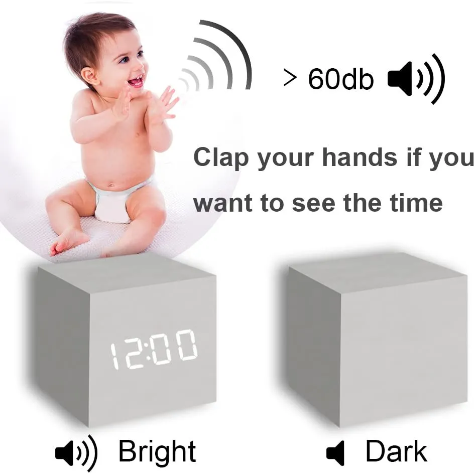 New in box! Wood Alarm Clock Digital LED Light Minimalist Mini Cube with Date and Temperature