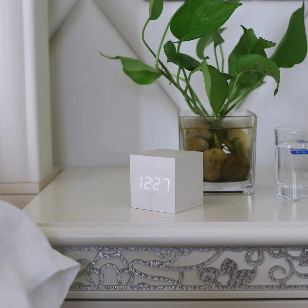 New in box! Wood Alarm Clock Digital LED Light Minimalist Mini Cube with Date and Temperature
