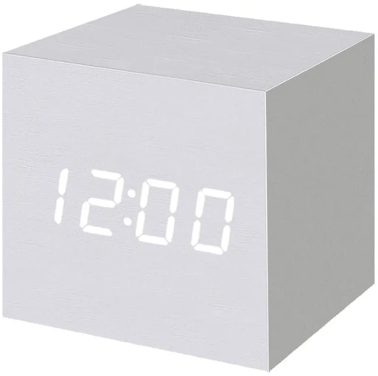 New in box! Wood Alarm Clock Digital LED Light Minimalist Mini Cube with Date and Temperature