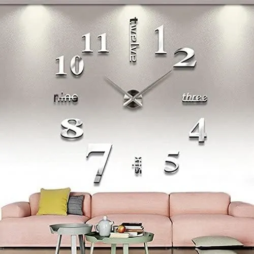 NEW Large DIY Wall Clock, Modern 3D Frameless Wall Clock with Mirror Numbers Stickers for Home Office Living Room Bedroom Wall Decoration, Silver
