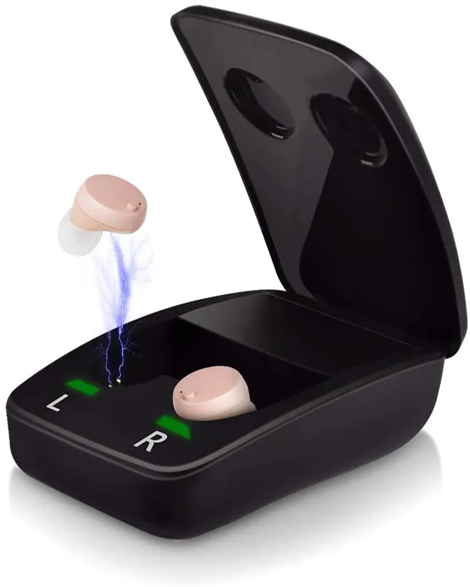 New Sengdong Poco 201 Rechargeable in Ear Canal Hearing Amplifier with Case! The case doubles as a charging dock with drying function, making sure you keep your hearing amplifiers in great condition. For Moderate Hearing Loss!
