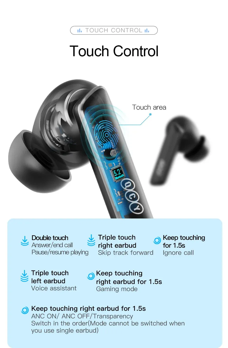 NEW Wireless QCY TWS Bluetooth 5.2 Earphones Ear Buds 40dB Active Noise Cancellation Headset 6 Mic ENC HD Call Earbuds Great Base iPhone IOS & Android